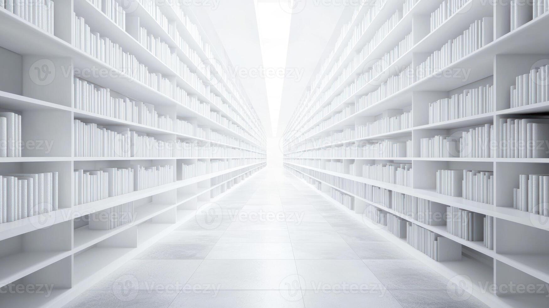 Endless white corridor of minimalist shelves creating an infinite perspective photo