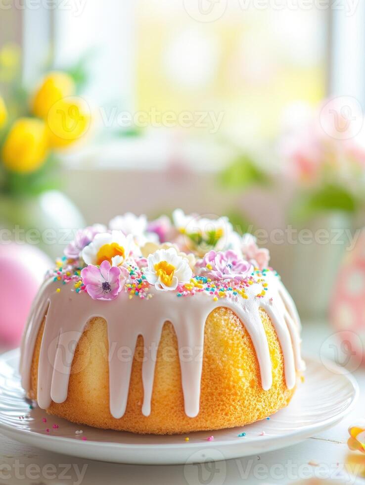 Beautifully decorated Easter cake with flowers and icing drizzle in a spring setting photo