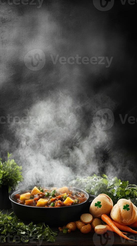 Rustic meal with steaming traditional dish in cozy setting photo