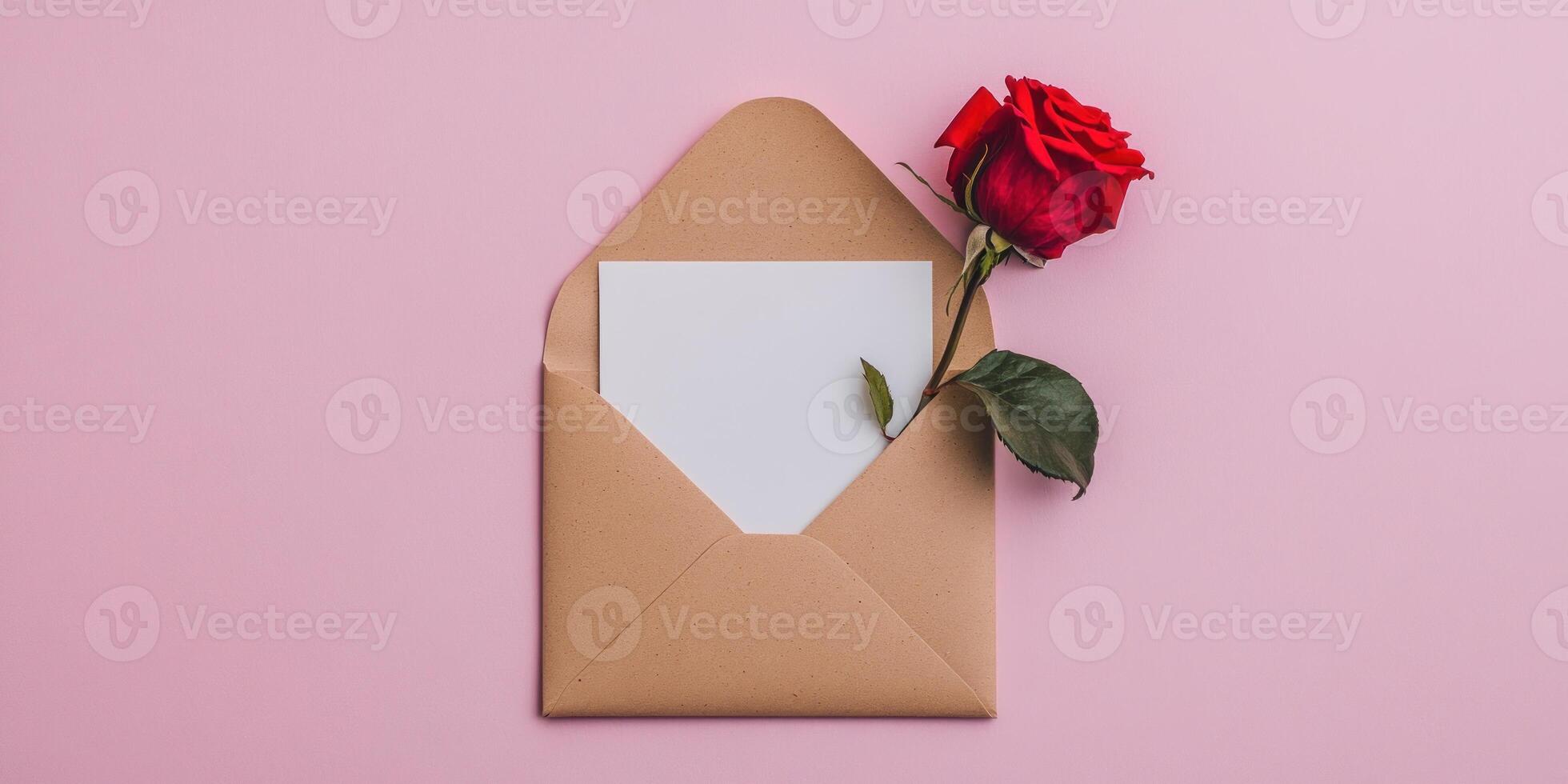 Minimalist flat lay with blank card and red rose on pink background for romantic invitations photo