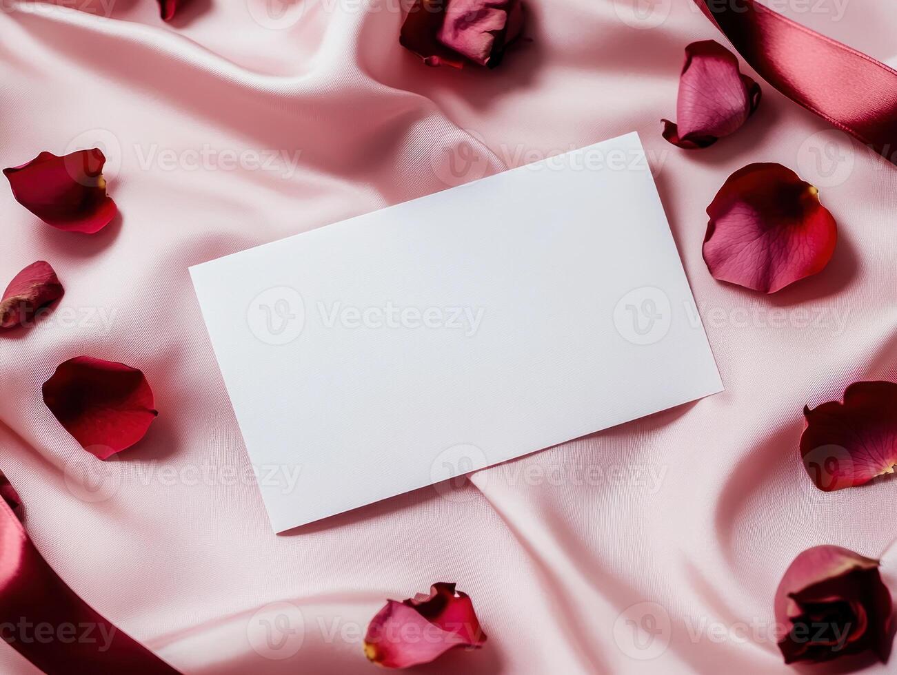 Elegant blank card on pink satin with rose petals for romantic occasions and invitations photo