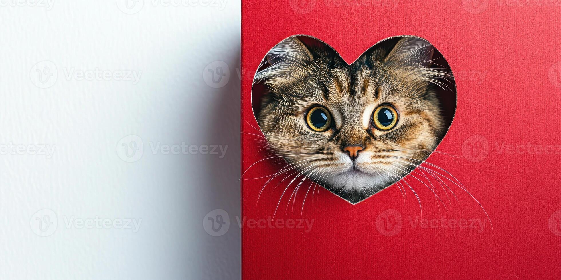 Curious cat peeking through heart shaped cutout in minimalist design for Valentines day photo