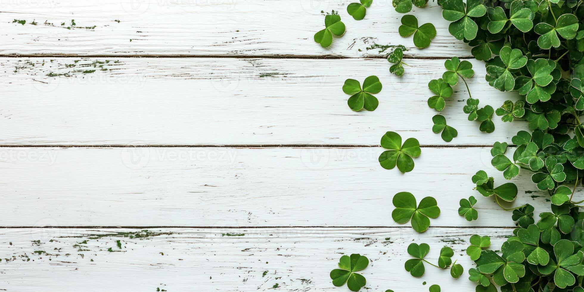 Minimalistic white wooden surface with clovers design for spring decor or background photo