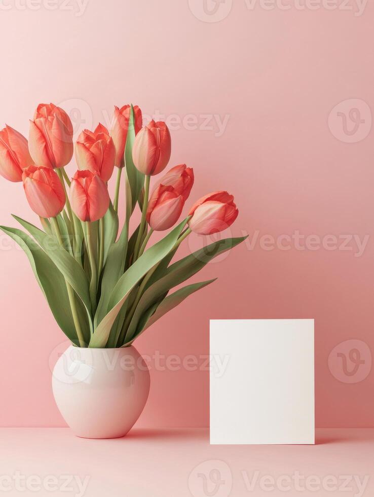 Minimalist Valentines card with tulips in a vase for romantic greeting design photo
