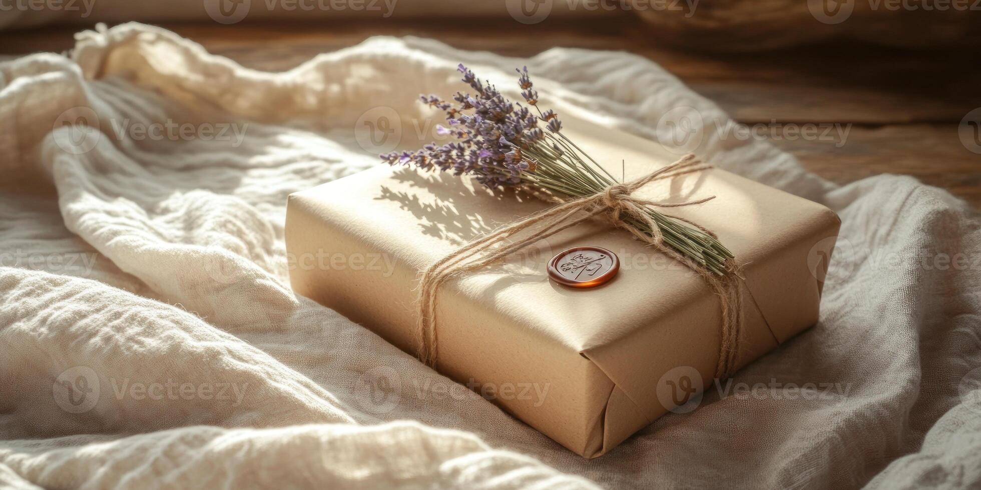 Rustic gift wrapped in kraft paper with lavender and twine for special occasions photo