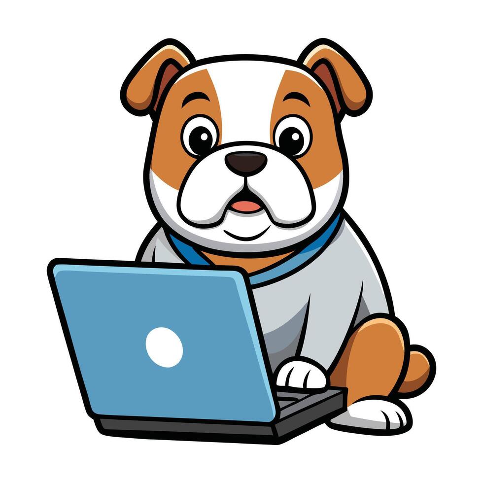 Adorable Bulldog Typing Away on Laptop vector