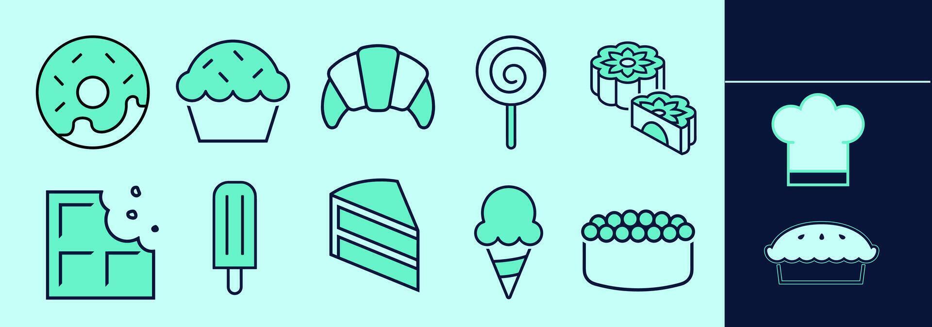 Sweets LINE icon set for logo or digital work. Icons of doughnut, lolly, croissant, chocolate, icecream, cake, pie and other. Editable elements, size and color. vector