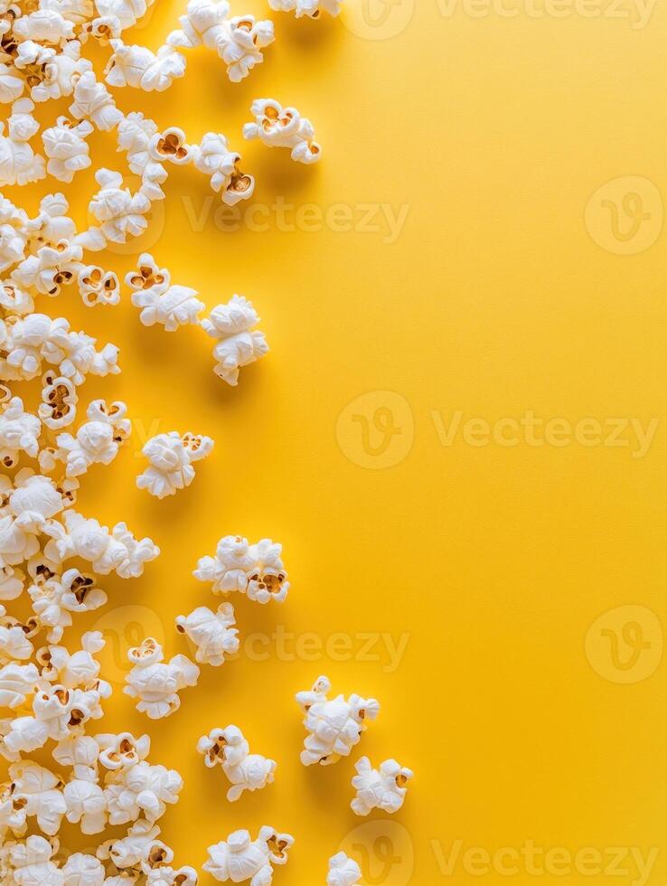 Minimalistic popcorn arrangement on vibrant yellow background for creative design photo