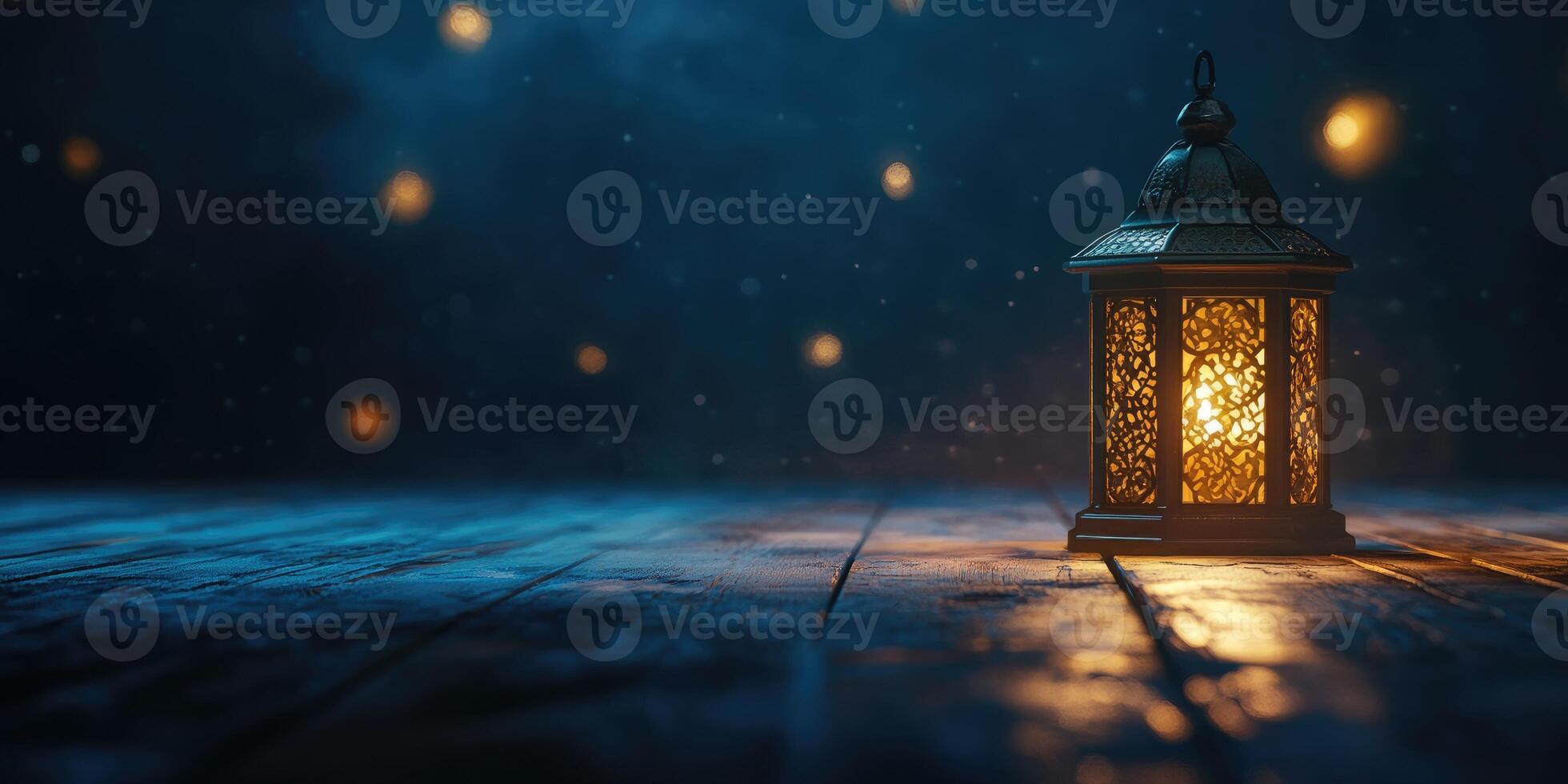 Tranquil night lantern on rich dark blue starry background for cozy design photo