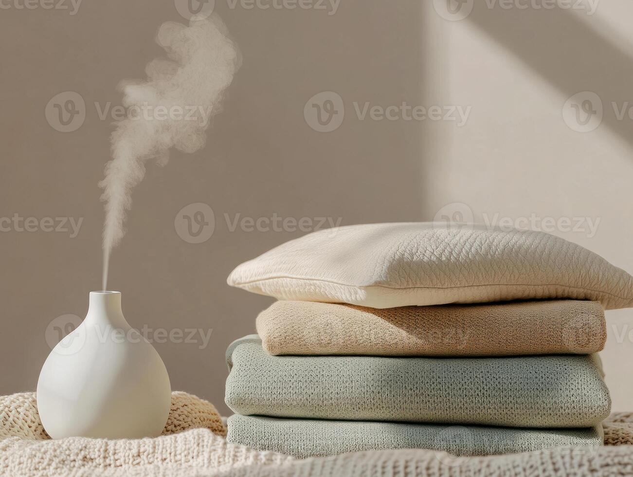Minimalist home decor with neatly folded textiles and ceramic aroma diffuser photo