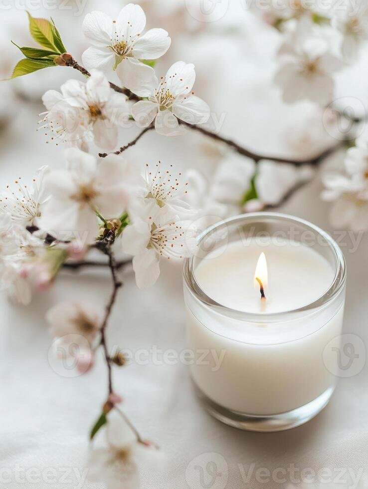 Serenity and elegance of sakura scented candle with minimalist design for relaxation photo