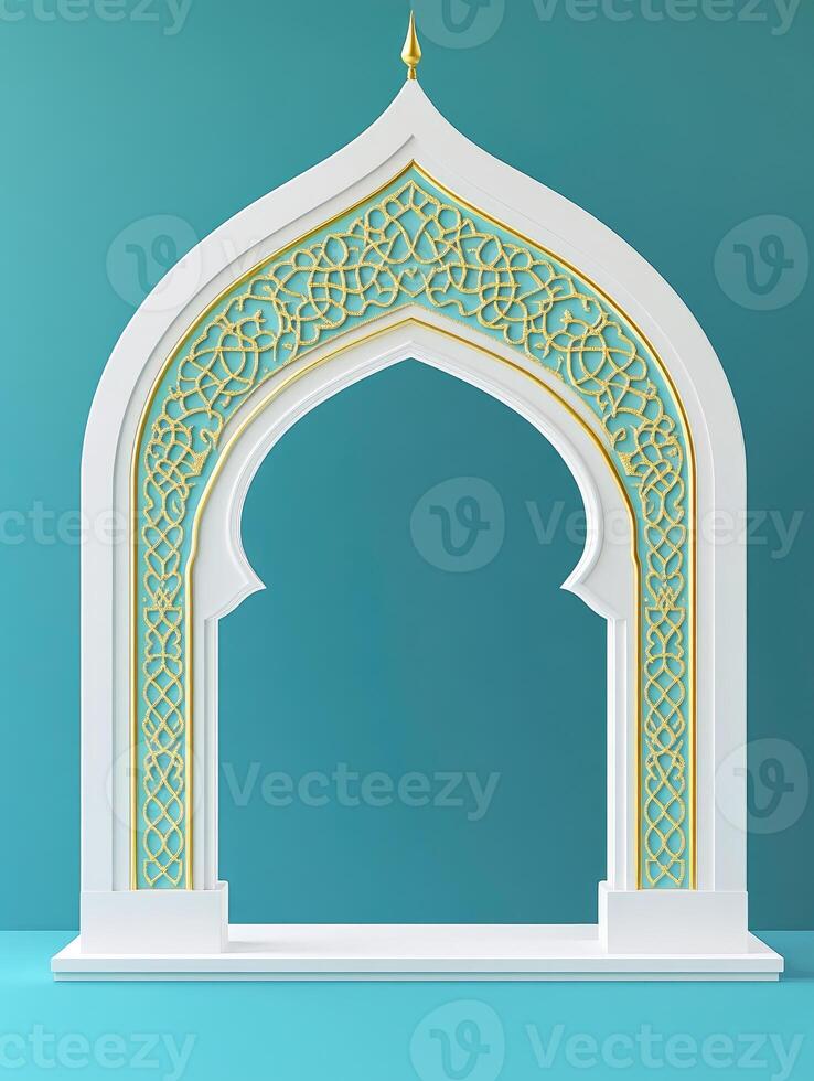 Intricate Islamic arch design in white with gold and turquoise accents for architectural inspiration photo