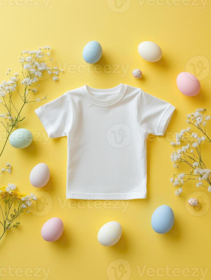 Easter T shirt mock up on soft yellow background with colorful eggs and flowers for spring design photo