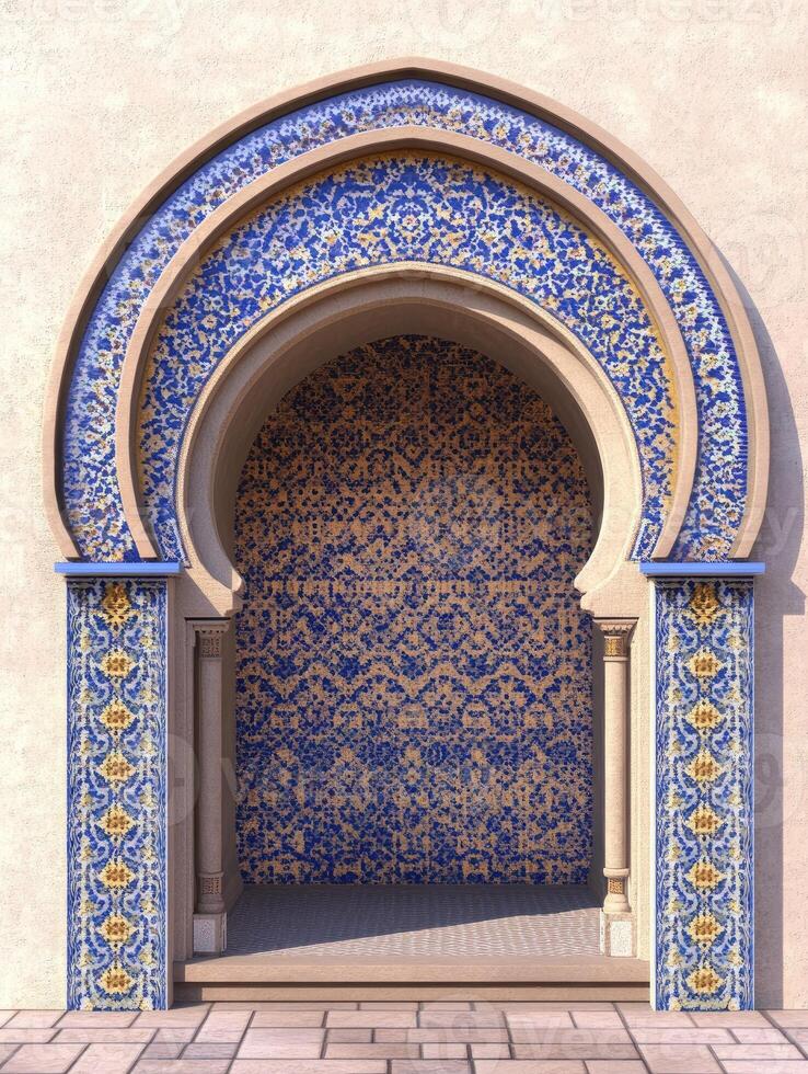 Moroccan architectural beauty with blue and gold tile patterns for artistic interior design inspiration photo