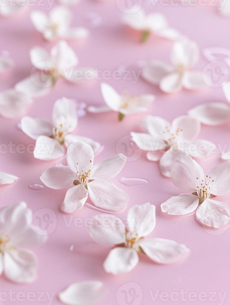 Serene cherry blossom petals flat lay on pastel pink background for elegant design photo