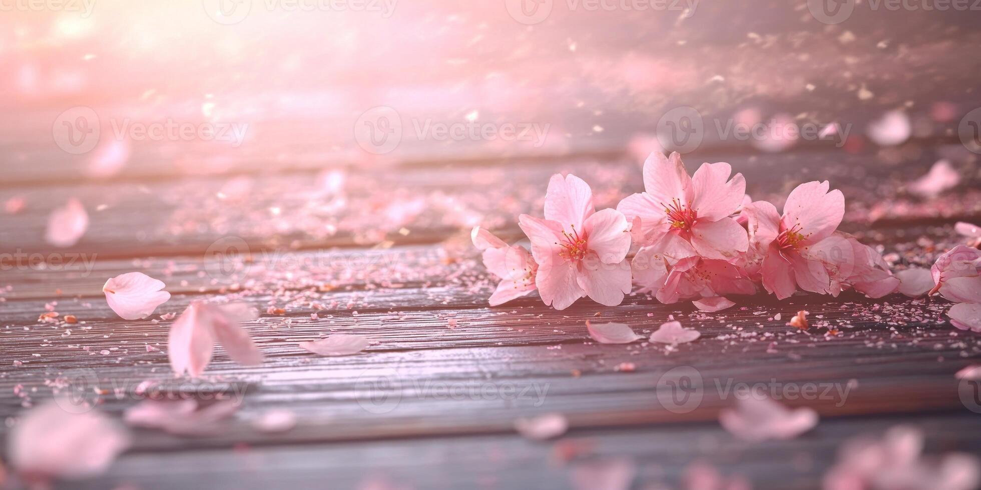 Delicate sakura blossoms on wooden surface evoke serene spring atmosphere photo