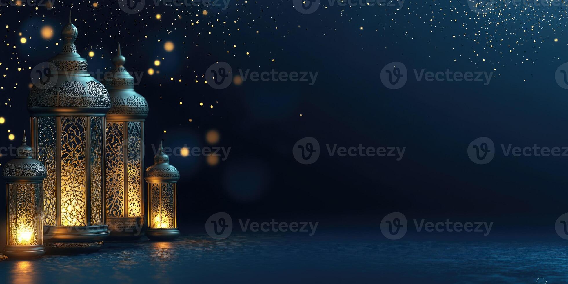 Elegant lanterns under starry night sky with soft gradient background for festive decor photo