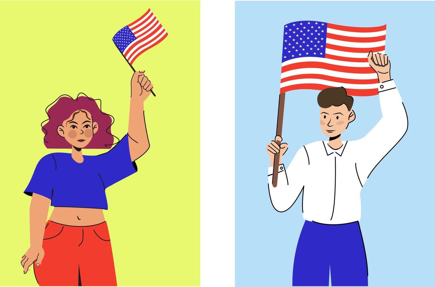2 illustrations of people waving American flags and celebrating the 4th of July vector
