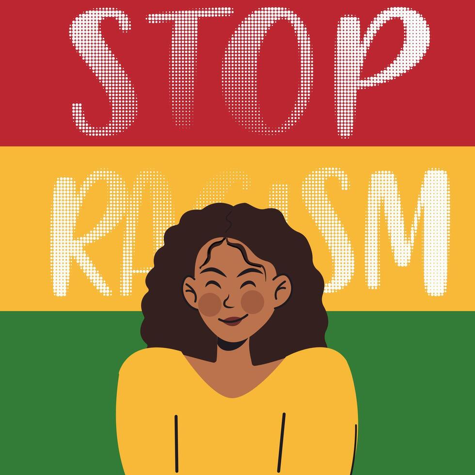 joyful woman with curly hair smiles a strong message advocating for equality and anti-racism. against the background of a red yellow green flag vector