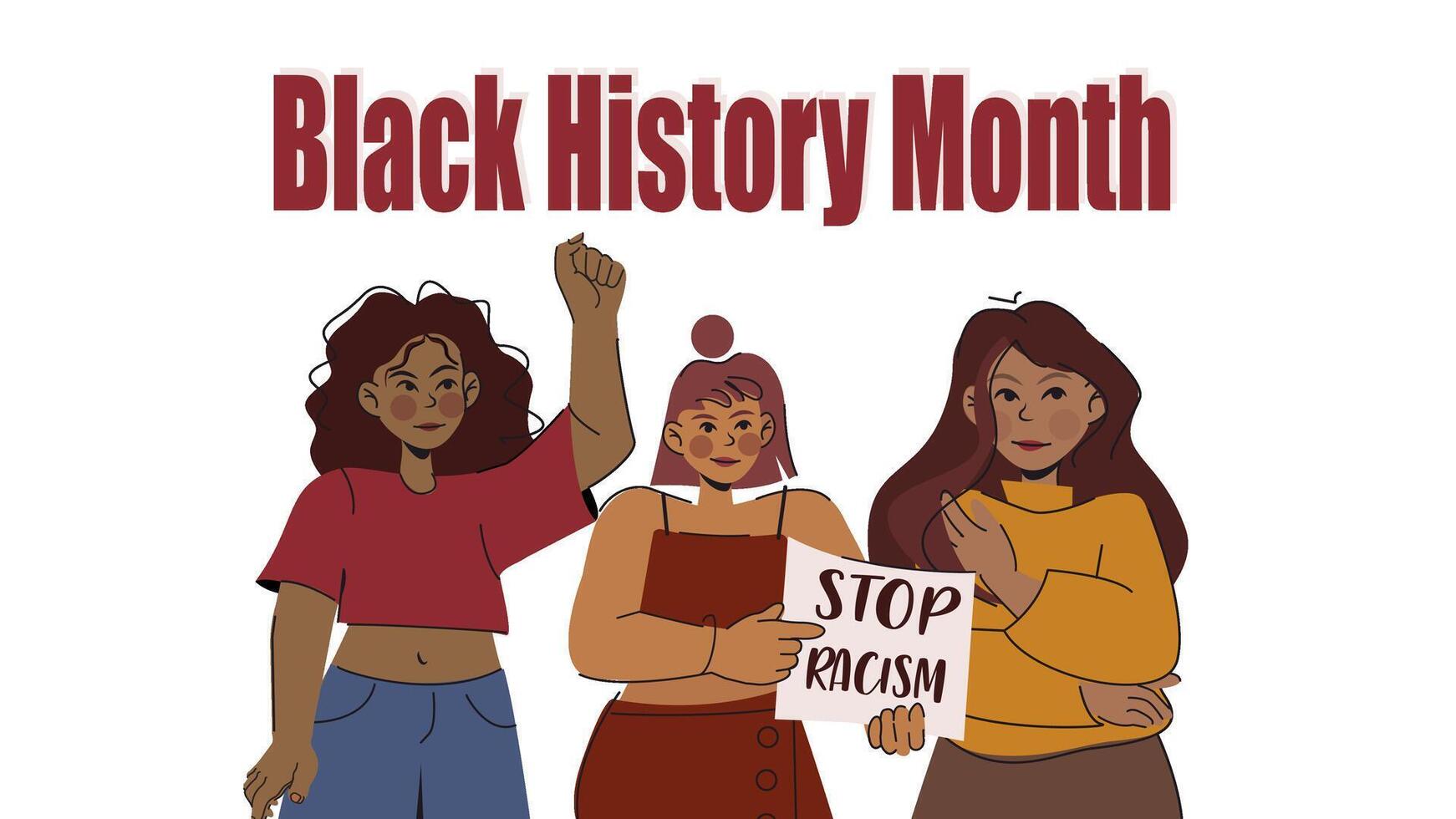 Black History Month Concept. Diverse individuals come together to promote awareness and social justice, holding a sign that urges the community to stop racism and embrace equality. vector