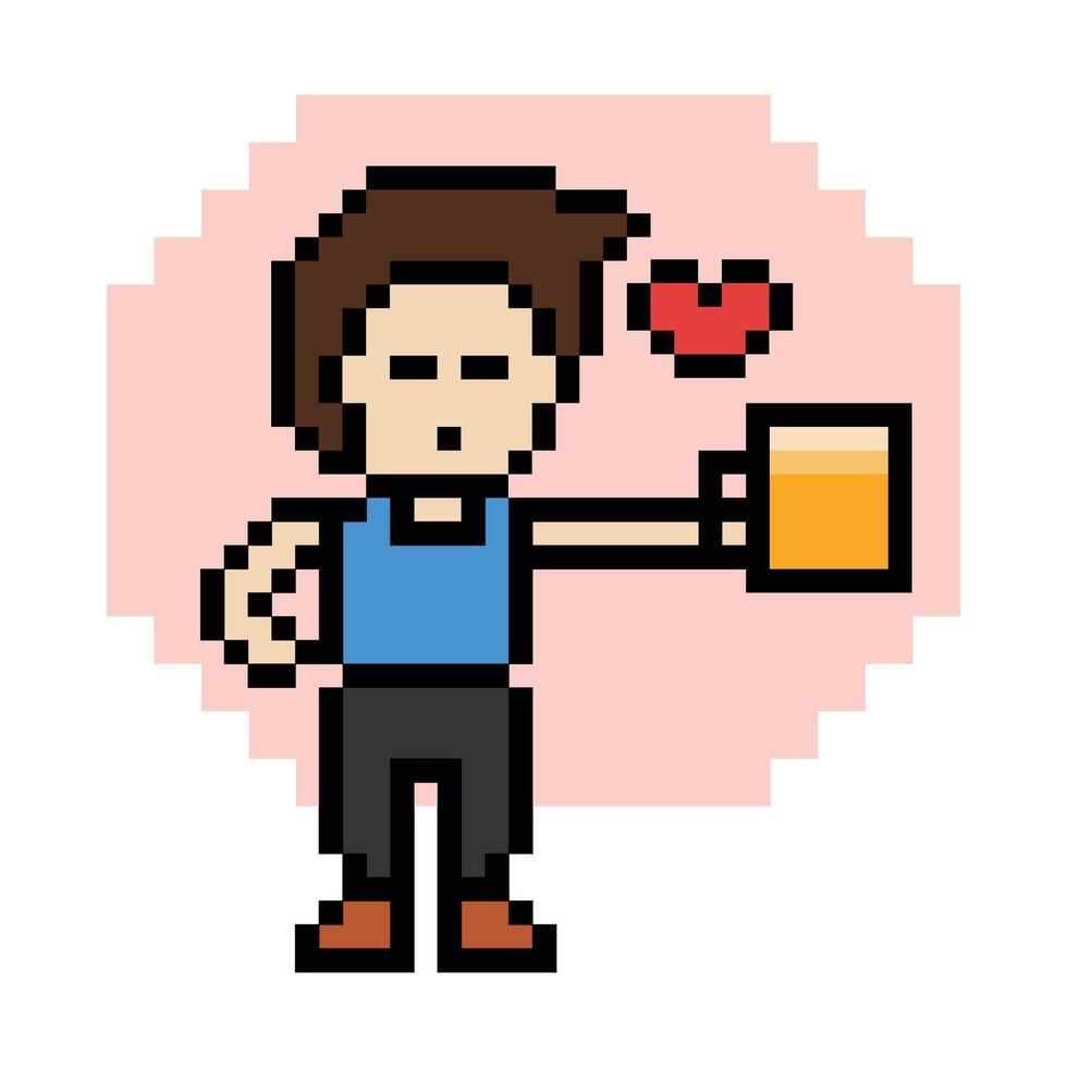 Cartoon pixel of boy man male drink beer love beer party drunk 8 bit. vector