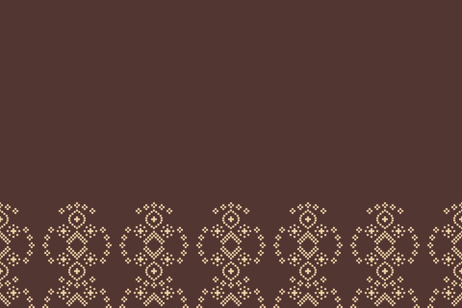 Ethnic design cross stitch fabric motif brown color background decoration art pixel. vector