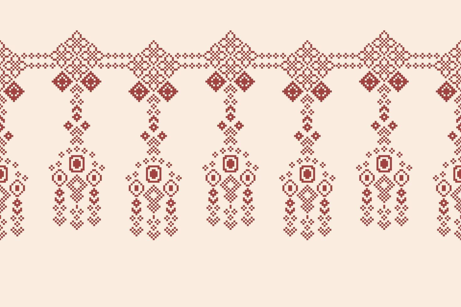 Cross stitch motif fabric pattern brown cream color background ethnic design pixel. vector