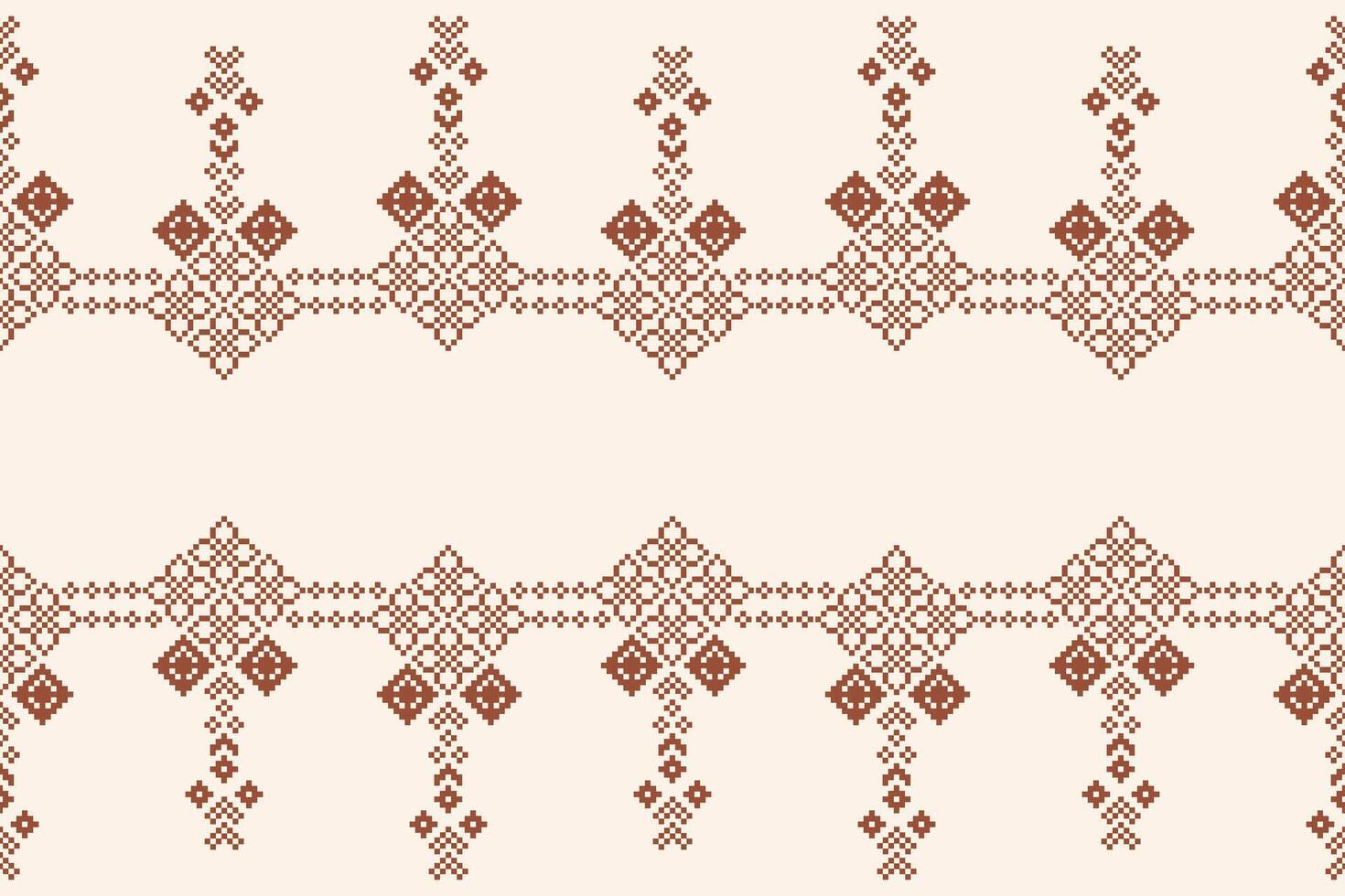 Brown cream color background ethnic pattern cross stitch motif fabric pattern design pixel art. vector