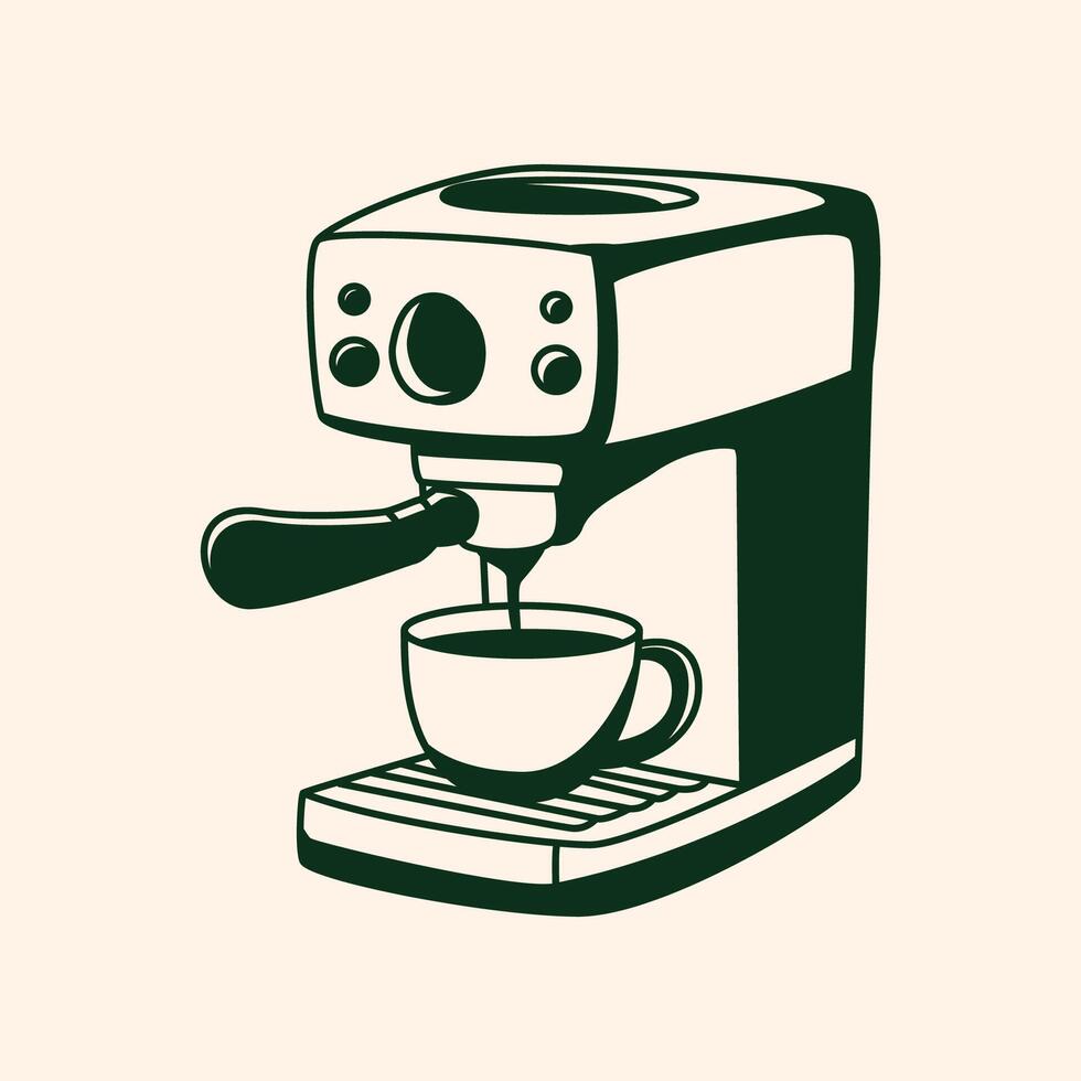 A single cup of espresso brewing in an automatic espresso machine, hand drawn style vector