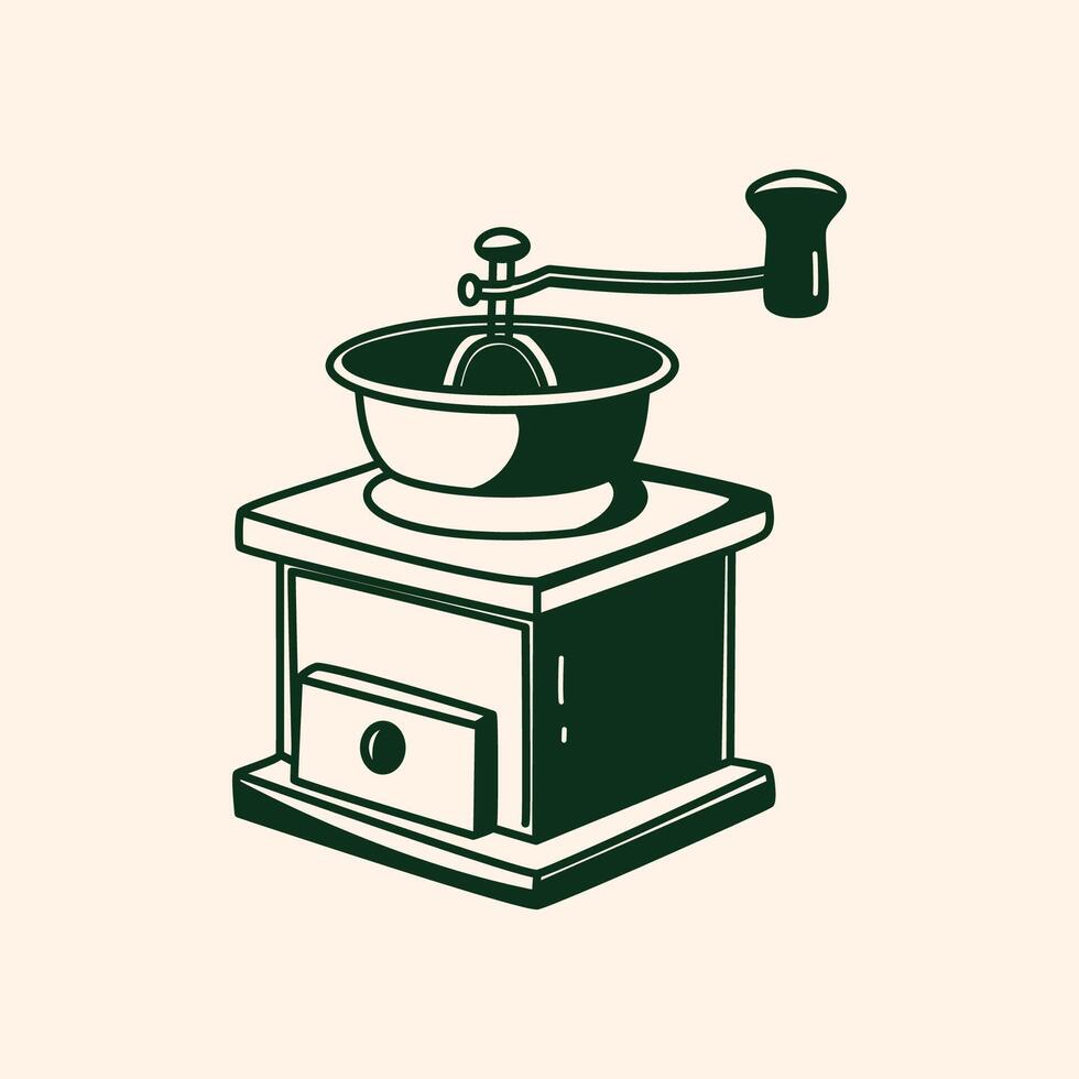 A vintage manual coffee grinder ready to brew, hand drawn style vector