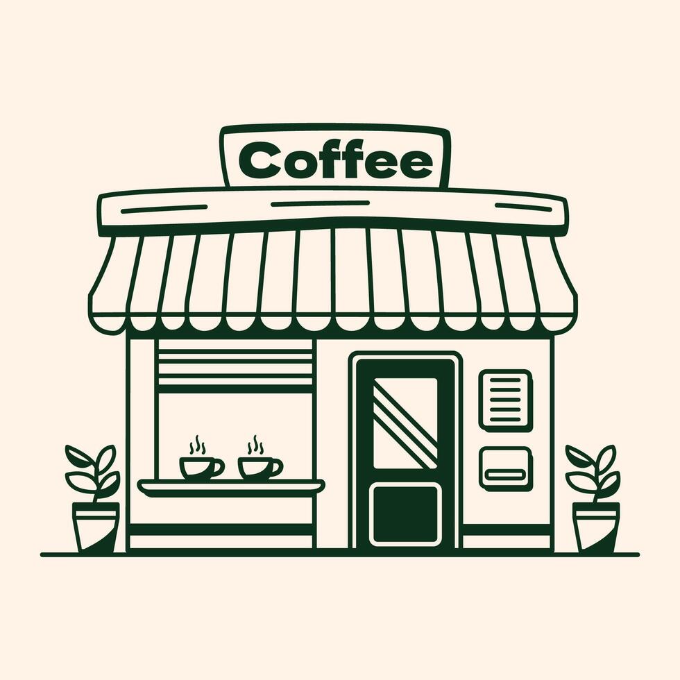 A charming coffee shop awaits with steaming cups displayed in the window, hand drawn style vector