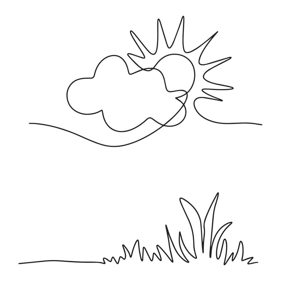 Continuous line sun and cloud. Abstract meadow line with grass. One line sketch sunny summer. illustration vector