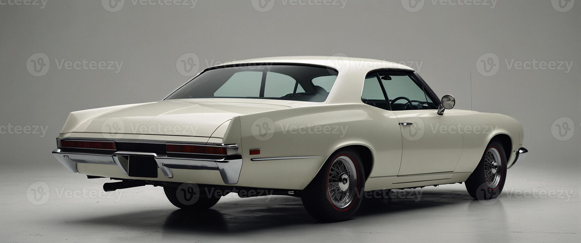 A vintage American muscle car with a powerful stance, parked in a sleek studio environment with soft lighting highlighting its contours photo