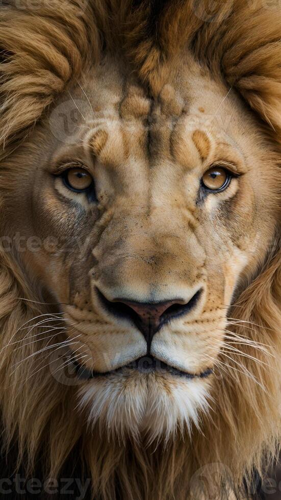 A close up of a lion's face photo