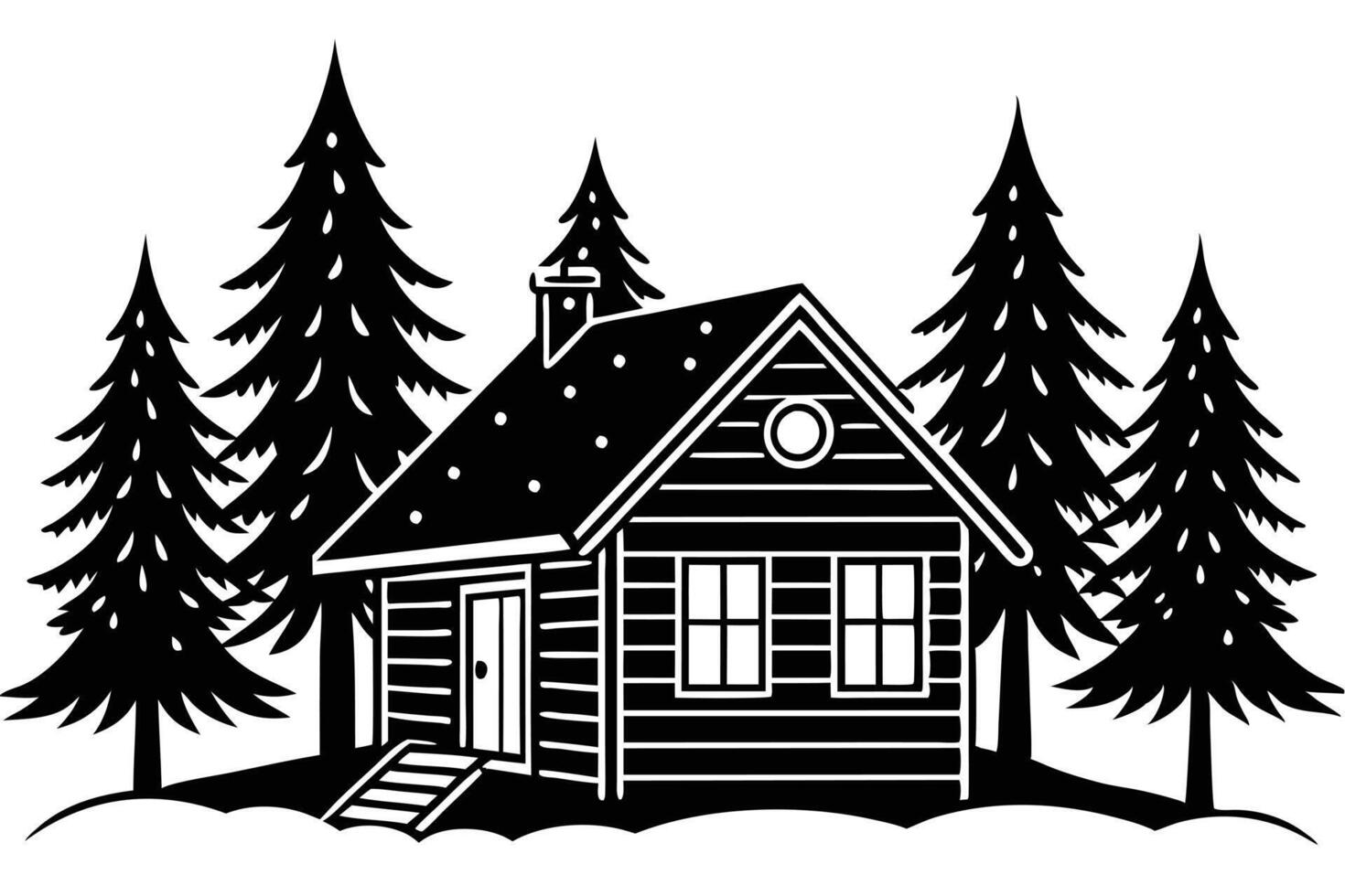 A Rustic log cabin nestled amongst snowy pines. vector