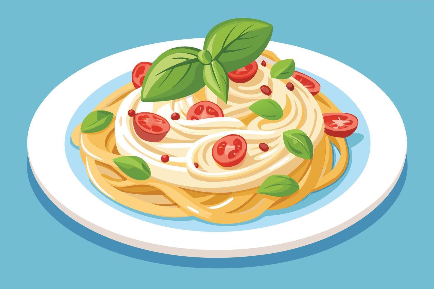 Spaghetti dish with red sauce and herbs. vector