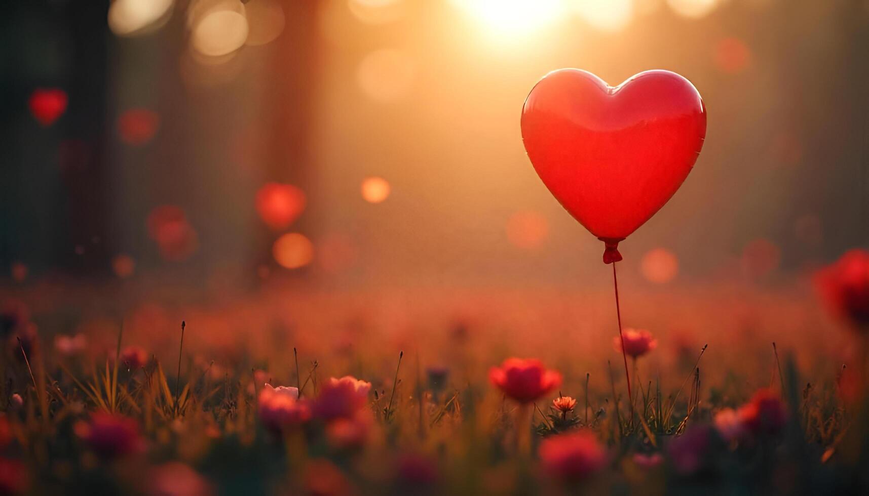a red heart shaped balloon is in the middle of a field photo