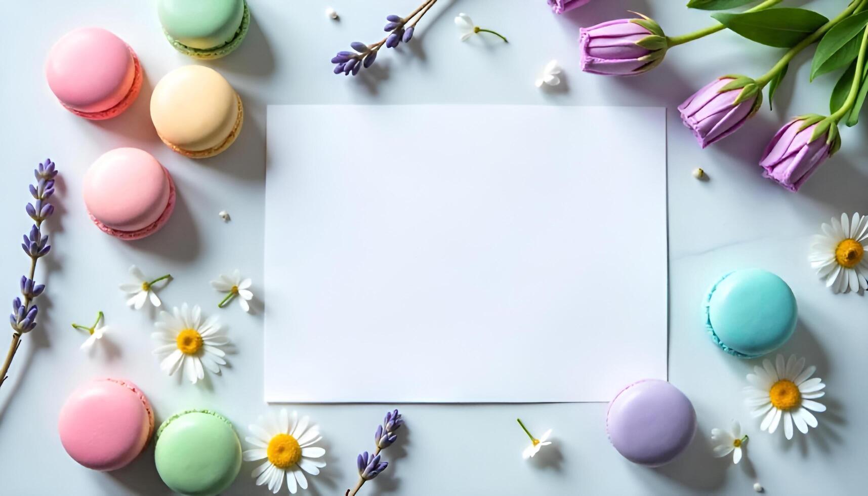 colorful macarons and flowers on a white background with a blank paper photo