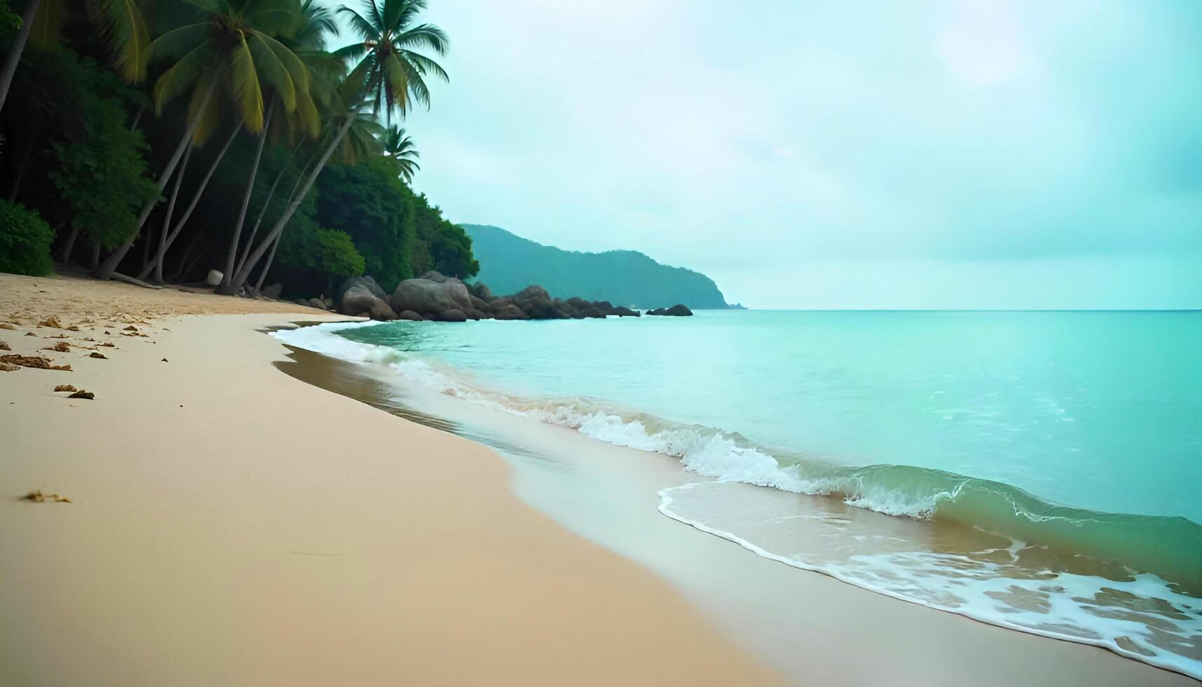 a beach with waves and palm trees on the shore photo