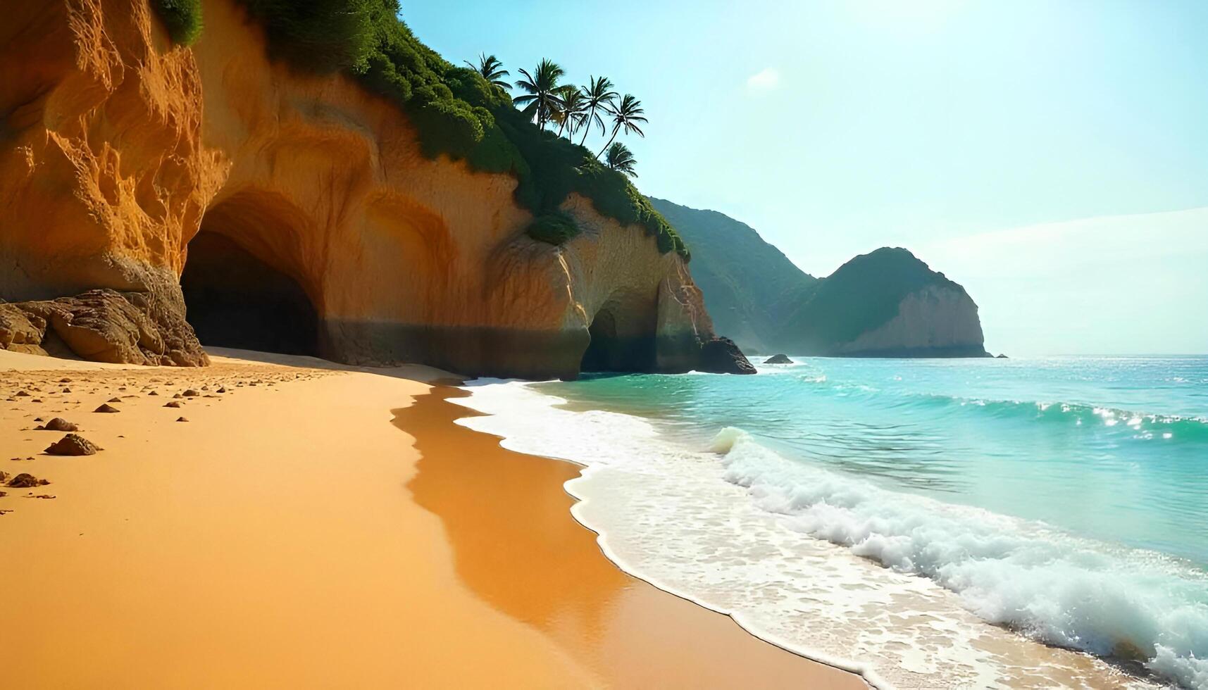 a sandy beach with a cave and waves photo