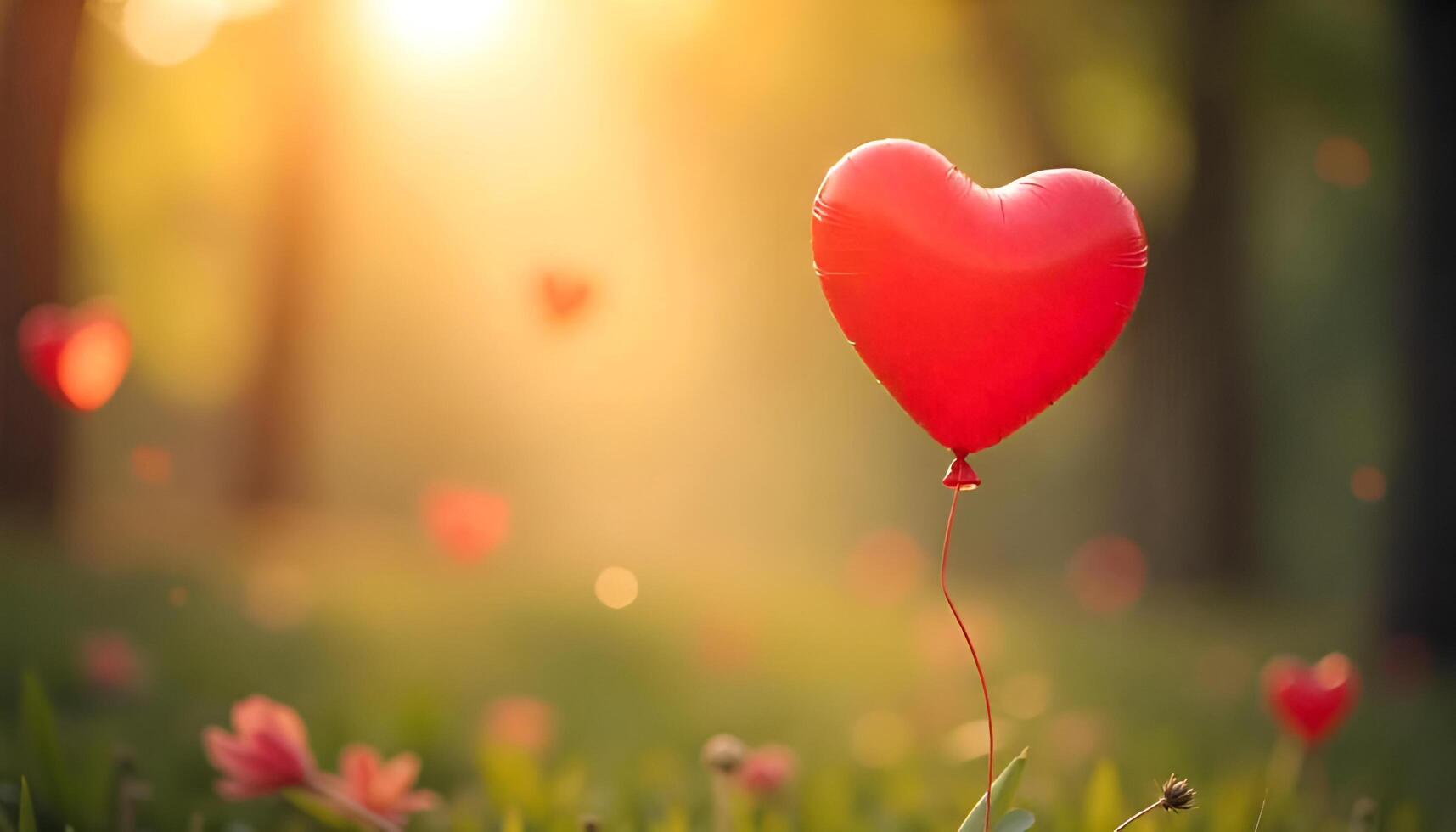 a red heart shaped balloon is in the grass photo