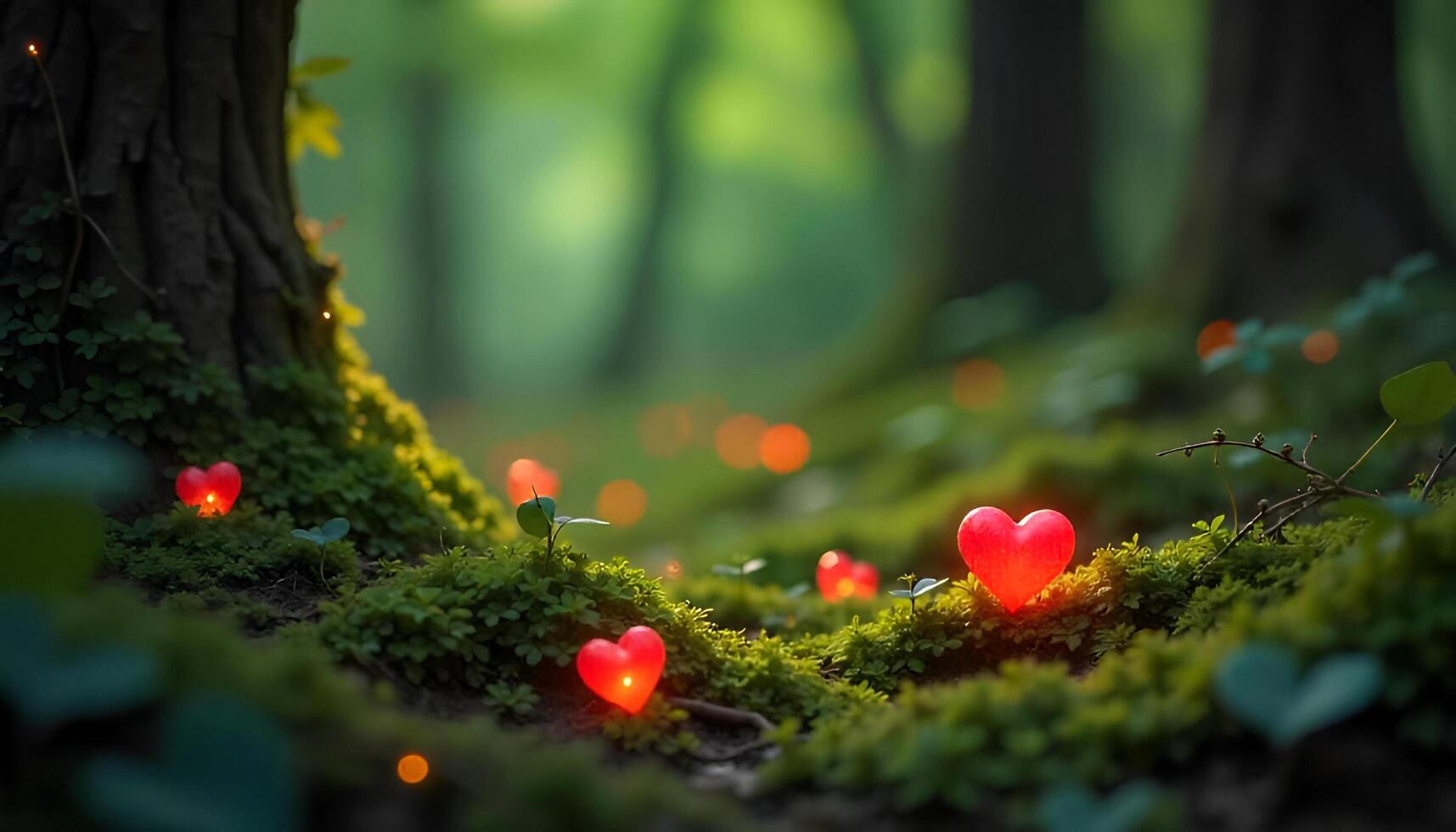 red hearts in the forest with trees and moss photo