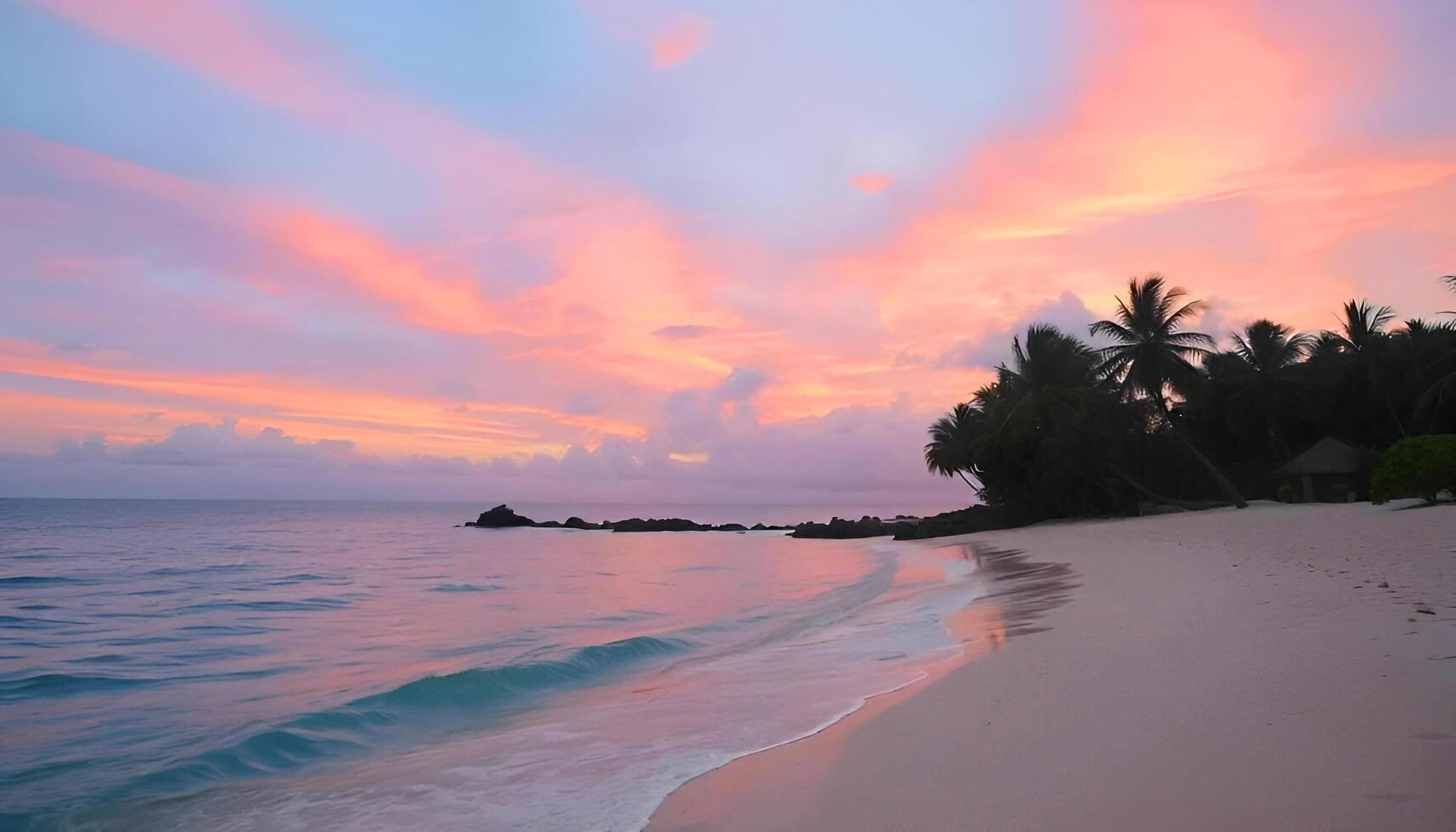 a beach with palm trees and pink clouds photo