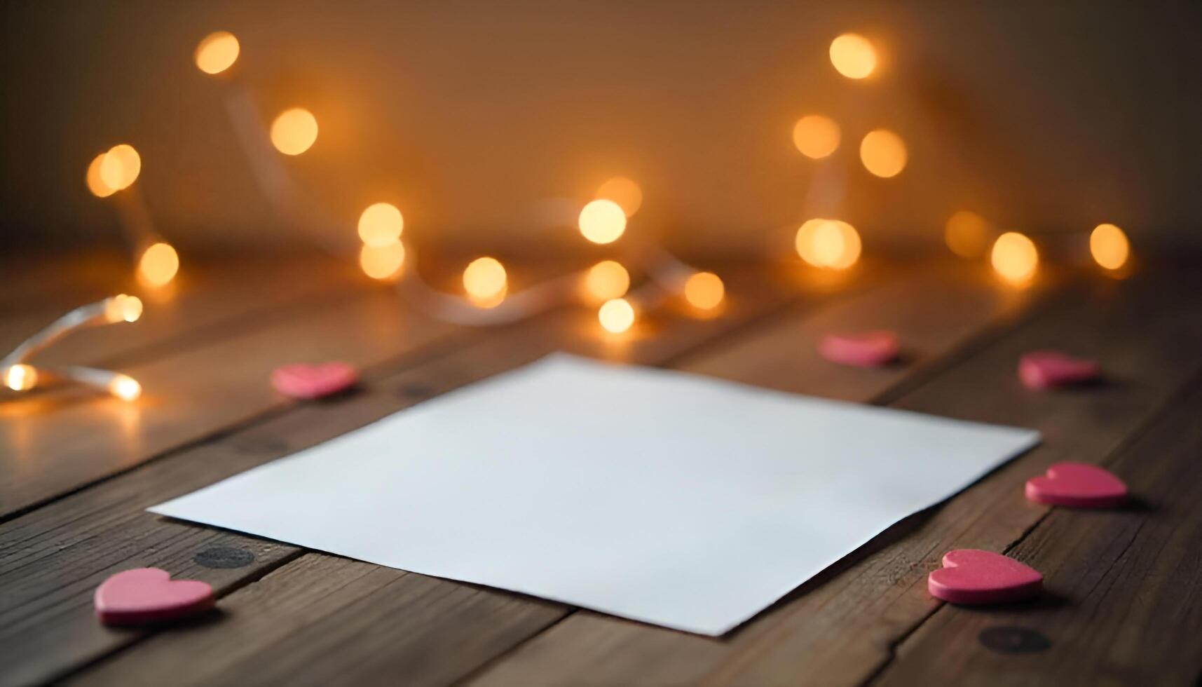 a blank sheet of paper and hearts on a wooden table photo