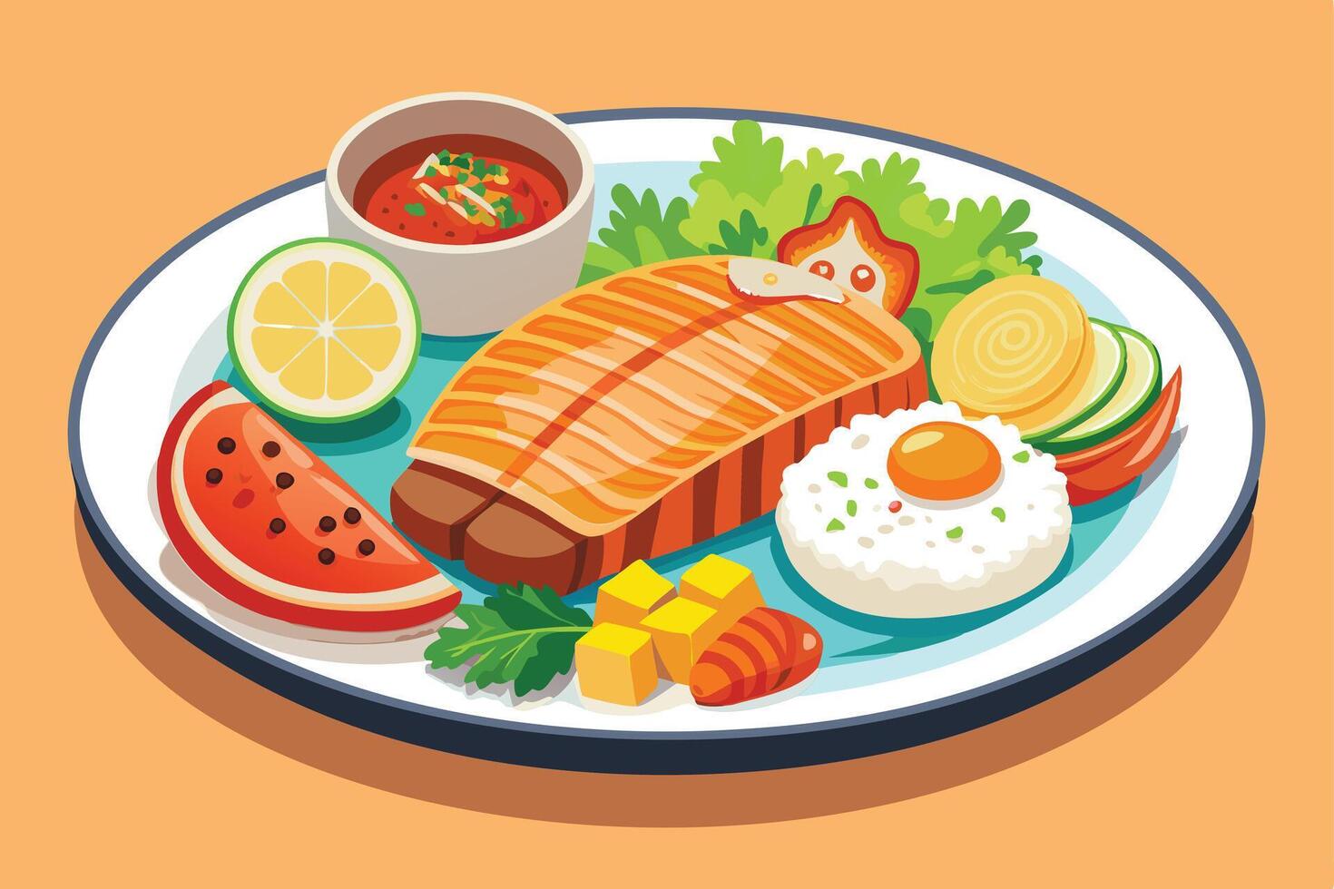 A Colorful Illustration of a Healthy Grilled Fish Dinner Plate vector
