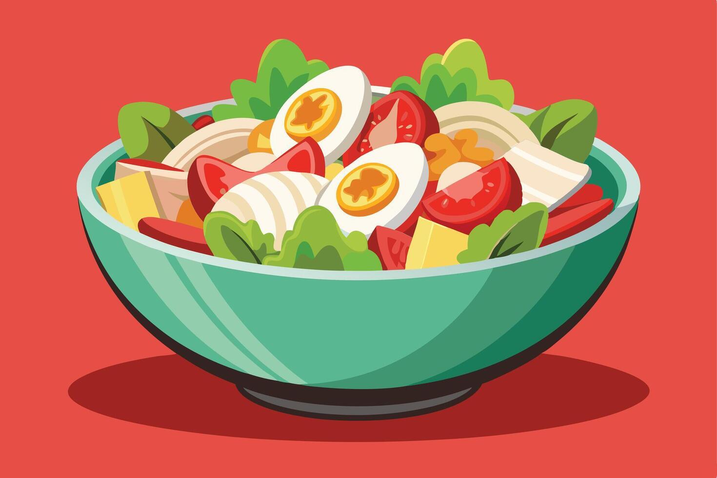 Colorful illustration of a delicious salad in a teal bowl. vector