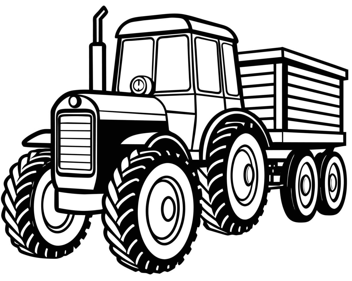 Black and white illustration of a farm tractor with trailer. vector