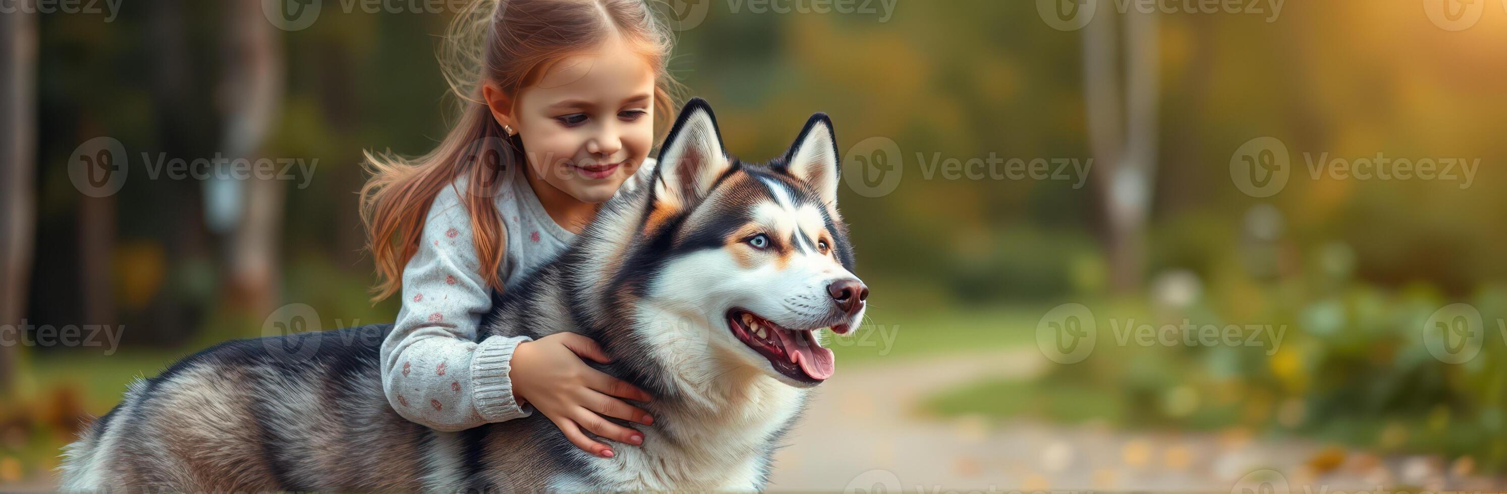 Young girl joyfully interacts with a husky dog in a sunny park during early evening hours photo