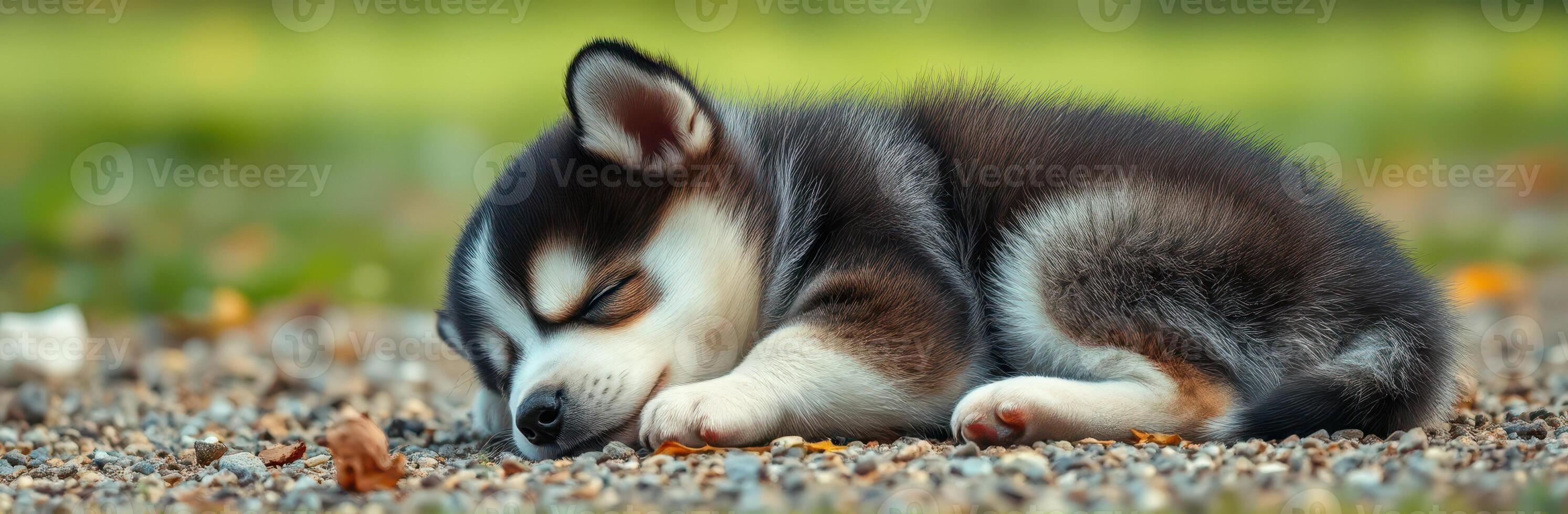 Sleeping husky puppy resting peacefully on gravel in a serene outdoor setting during daylight hours photo