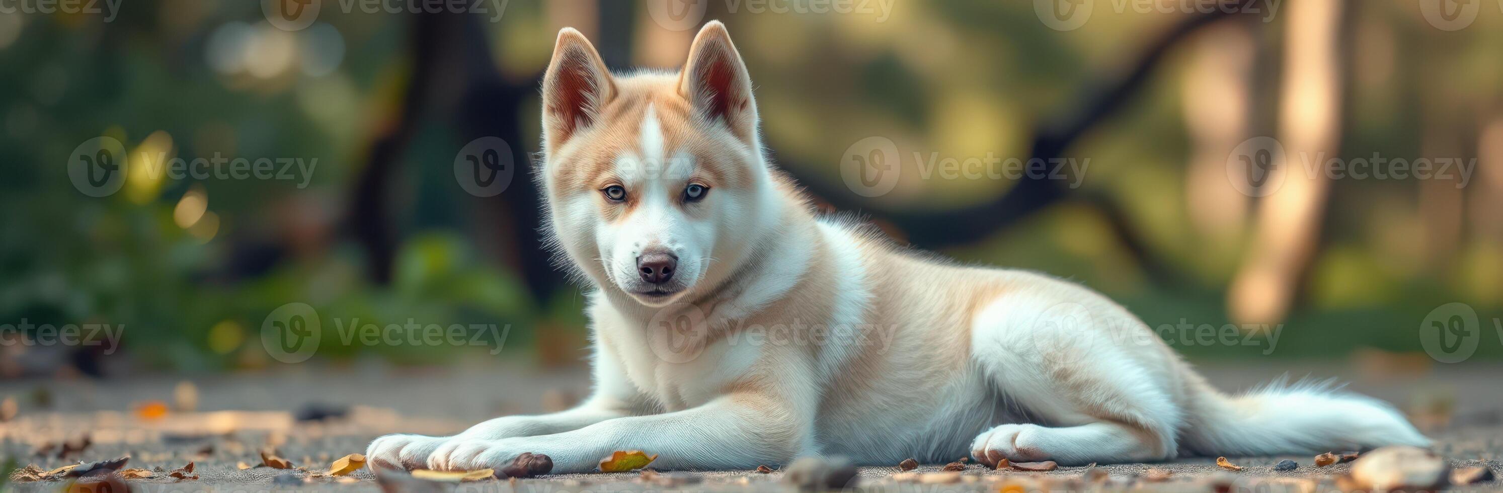 A playful husky rests on a forest path surrounded by autumn leaves during a sunny afternoon photo
